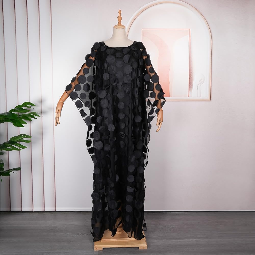 HD Afircan Women Applique Flower Dress Boat Neck Caftan Chiffon Gown One Size - Image 3