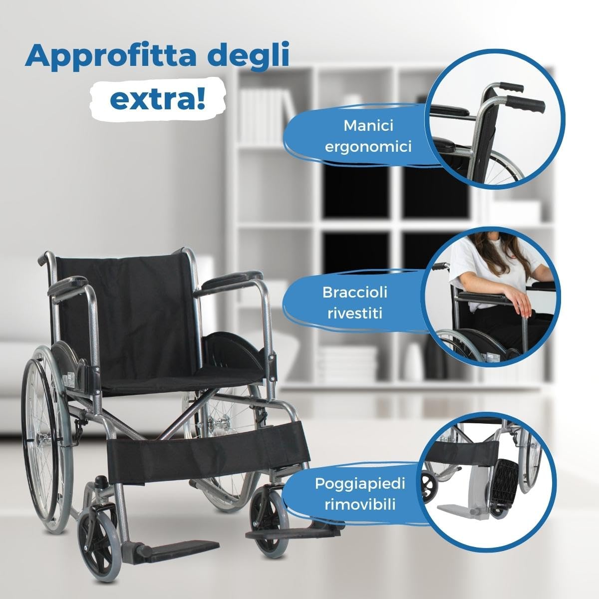 Mobiclinic®, Sedia a rotelle, Auto-propulsa, Carrozzina pieghevole, Alcazaba, Seduta 46 cm, Sistema per superare i cordoli, Braccioli imbottiti, Poggiapiedi ribaltabili, Leggera, Freno sulle ruote