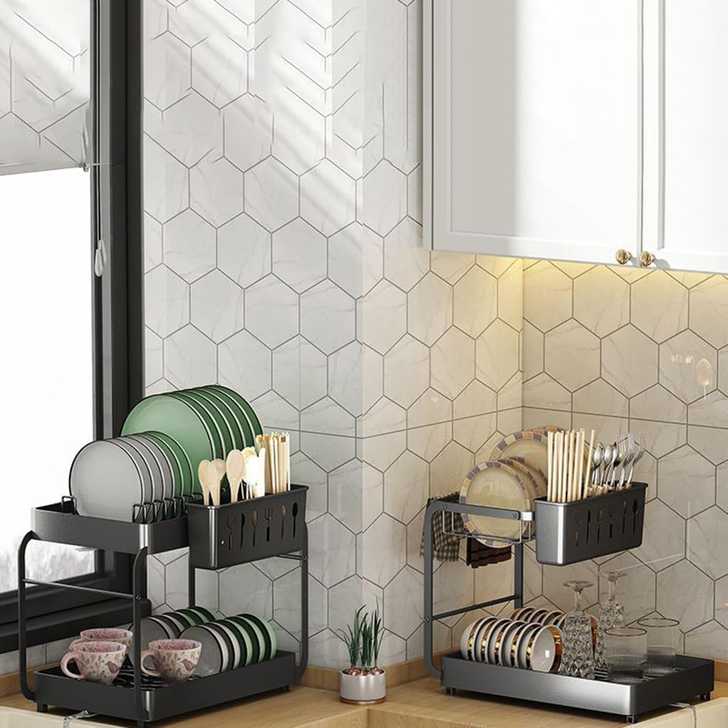 Abtropfgestell Geschirr Mit Ablauf Geschirrtrockner Abtropfgestell Für Die Küchentheke, Geschirr Abtropfständer Abtropfgitter Mit Utensilienhalter Für Arbeitsplatte Organizer Storage ( Color : /White