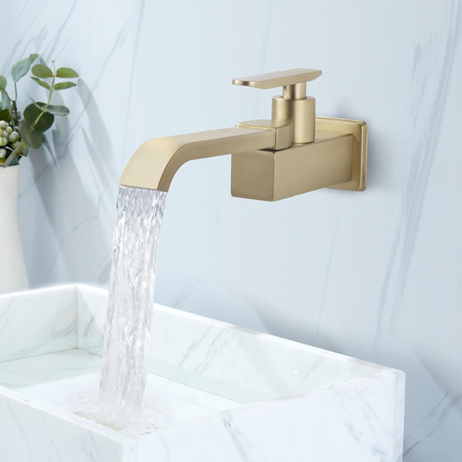Rubinetto a Cascata per Lavabo da Muro Oro Spazzolato 180° Rotazione Miscelatore Solo Acqua Fredda per Bagno,Oro Spazzolato