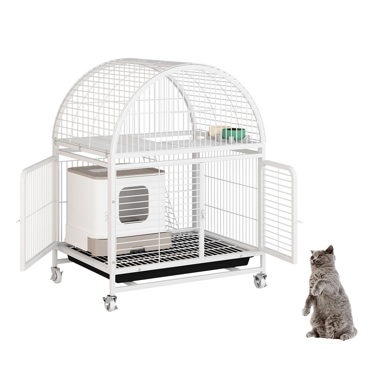Jaula Grande Para Gatos De Interior De 3 Niveles Con Plataforma Extraíble, Recinto Interior Para Gatos Con Forma De Cúpula Flexible De Hierro, Parque Para Gatos Con Ruedas Giratorias,blanca,S