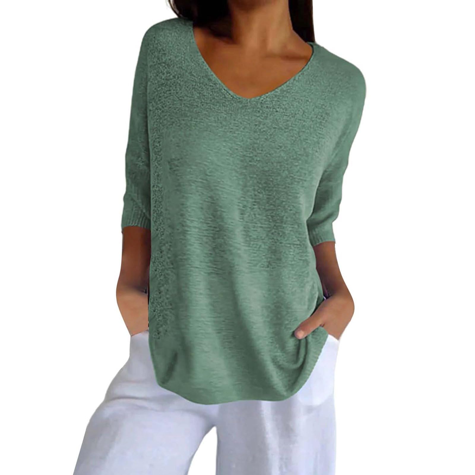Generic Jersey para mujer de gran tamaño, cuello de pico, camiseta de manga 3/4, blusa holgada, elegante, monocolor, blusa de verano, holgada, túnica, blusas para mujer, blusa elegante, informal, camisas de