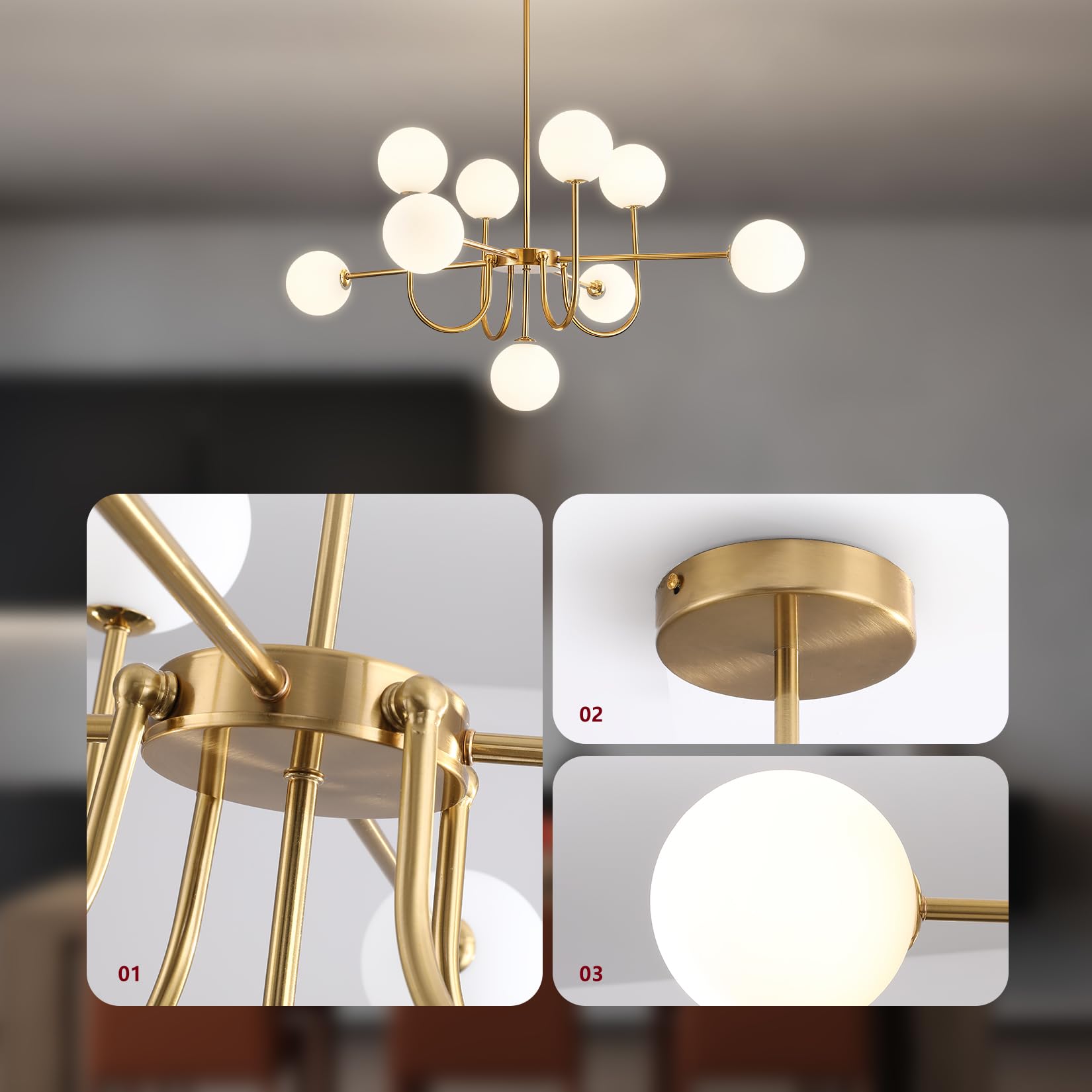 Moderne Sputnik Kronleuchter mit 9 weißen Glaskugeln, Gold Deckenleuchte, Vintage Pendelleuchte, halb eingebaute Deckenlampe für Wohnzimmer Schlafzimmer Küche und Esszimmer