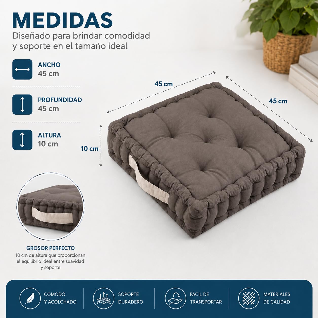 TIENDA EURASIA – Cojines Sillas Terraza | Material Algodón Acolchado | con Asa Resistente | Medidas 45x45x10 cm | Forma Cuadrado | para Asiento en el Suelo, Sillas o Palets (Gris Pardo)