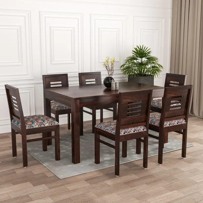 Image of RECTART Solid Wood Dining Table Set with Chairs for Living Room Home | Wooden Dining Room Sets Furniture for Hotels and Restaurants | (Walnut Finish, 6 Seater-B)