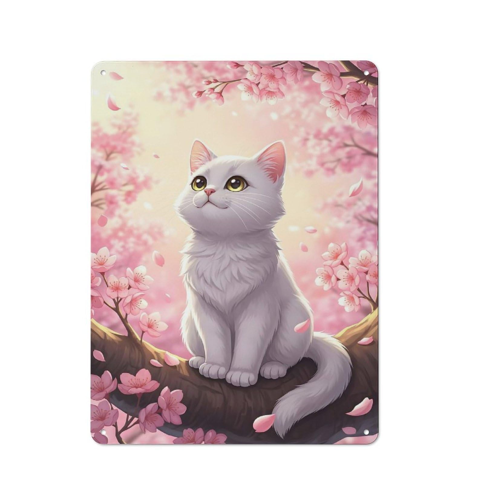 Junmoney Style-12 Country Style Kitchen Metal Sign 40X30cm Featuring White Cat In Cherry Blossom Tree, Diner Style Decor For Kitchen, Cafe, Pantry Or Dining Room