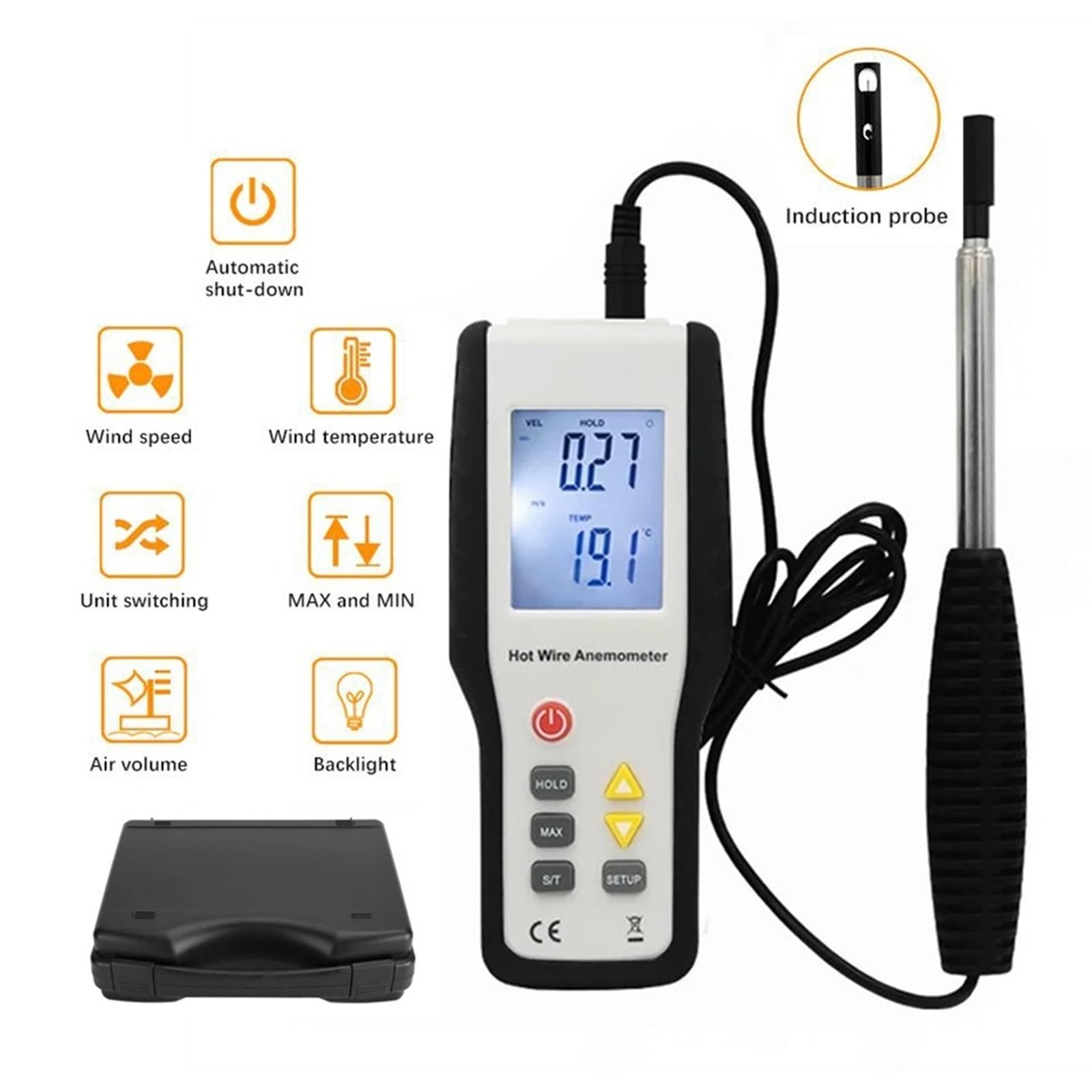 Anemómetro de Alambre Caliente HT-9829 Medidor de Velocidad del Viento y medición de Flujo de Aire para HVAC, Mide CFM/CMM, Temperatura (℃/℉)