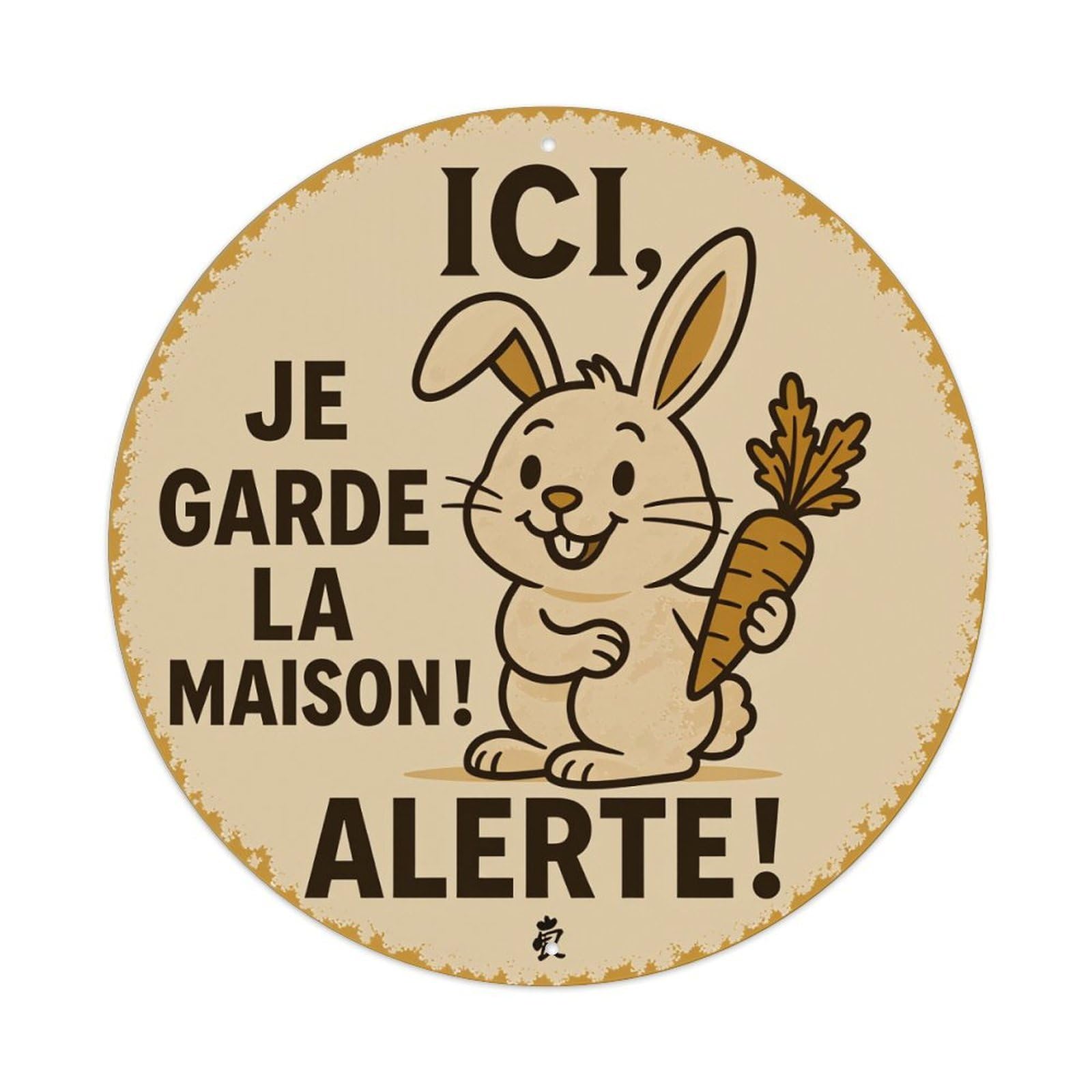 Rabbit Holding Carrot With Text Alert Round Vintage Tin Sign,Retro Wall Art,Metal Poster for Home, Bar, Garage, Cafe, Rustic Indoor & Outdoor Decor, 8x8 Inches