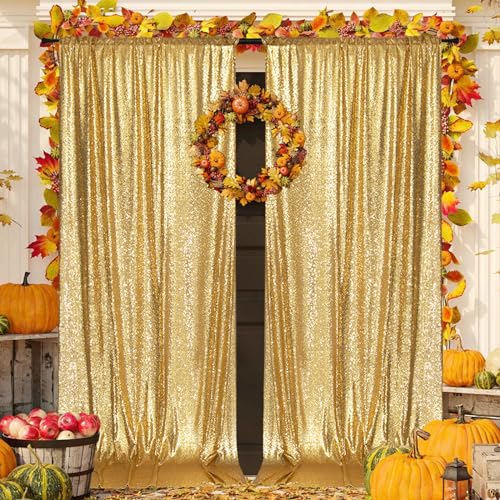 Image of PartyDelight Gold Sequin Backdrop 5x10ft 2 Panels 4 Inch Rod Pocket | Dense 3mm gold sequins on mesh backing with 4 inch rod pocket for wide reception walls head tables stages and layered event