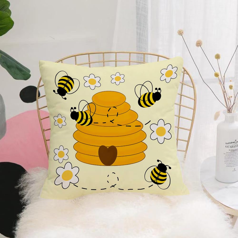 HYMSXW Cushion Cover,Throw Pillow Case Home Decorative for Living Room Bedroom Sofa Chair 20X20 Inch,Cute bees and flowers surrounding their home,Pillowcase 50X50cm