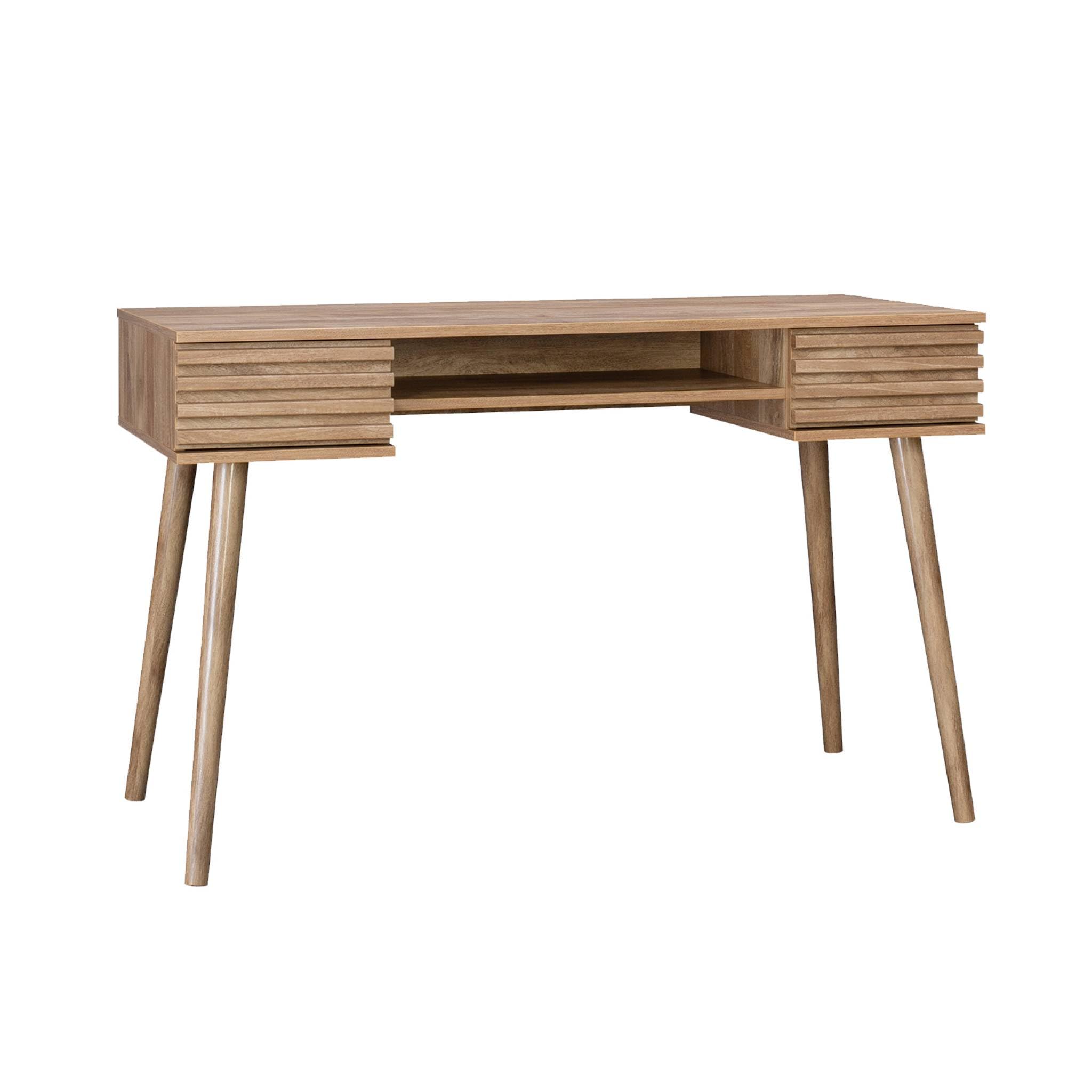 sweeek - Bureau décor Bois 2 tiroirs MADERE Naturel. 1 casier. façade rainurées. 120 x 55 x 76.5 cm