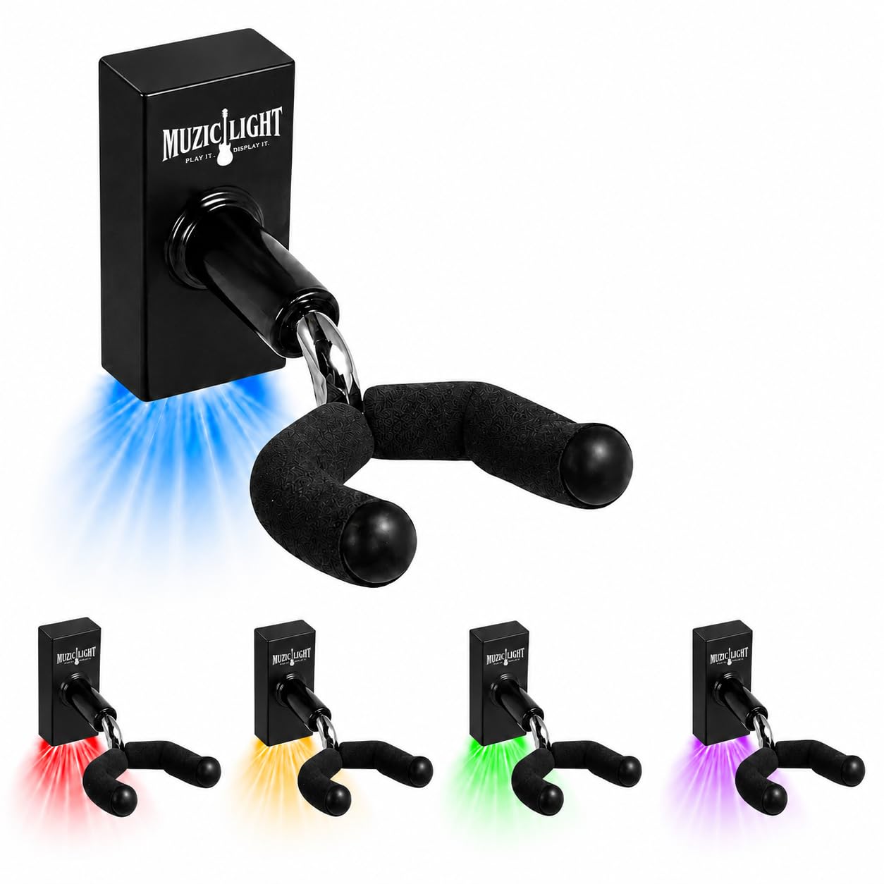 MuzicLight Light Up Guitar Wall Mount and Lit Guitar Wall Hanger Bracket or Holder for Electric Guitars or Acoustic Guitars Using LED for Guitar Display with Ambient Surround Lighting (Blue)