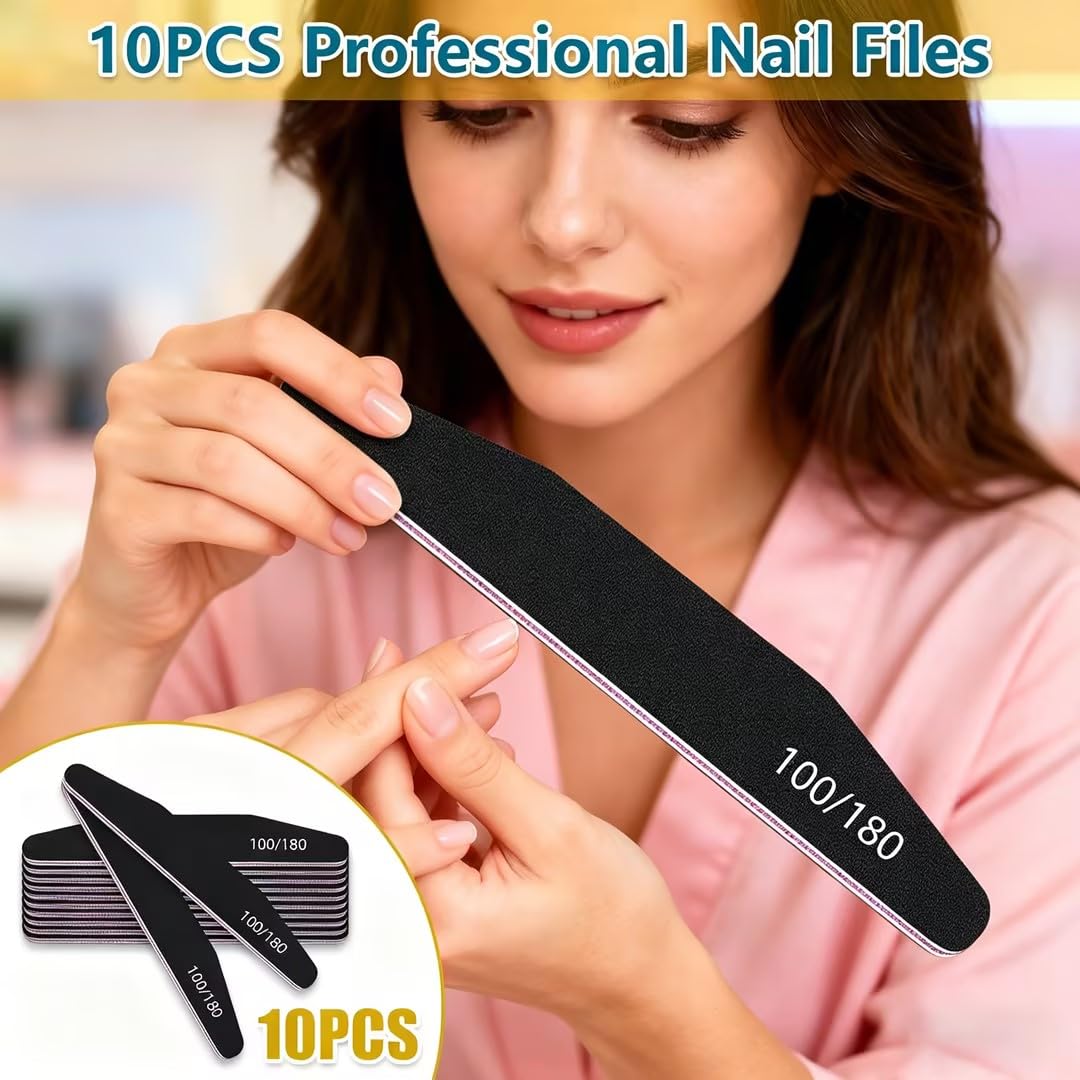 elzle 10 Pezzi Lime per Unghie Professionali, Lima per Unghie 100/180 Doppia Faccia con Mezza Luna Bilaterale, Set per Cura Unghie Lavabile Strumenti Manicure (Nero)