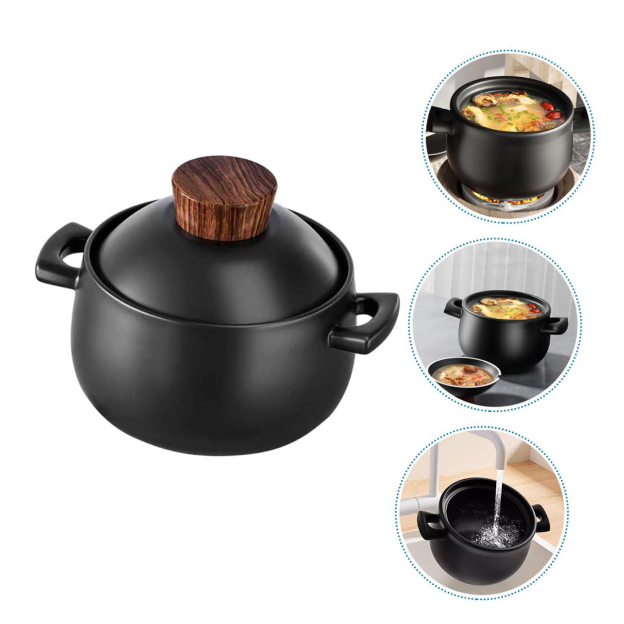 Cazuela de Cerámica Negra 2, 5l para Guisar y Cocinar | Cerámica y Madera, Superficie Lisa, Alta Temperatura, No se Agrieta con Facilidad