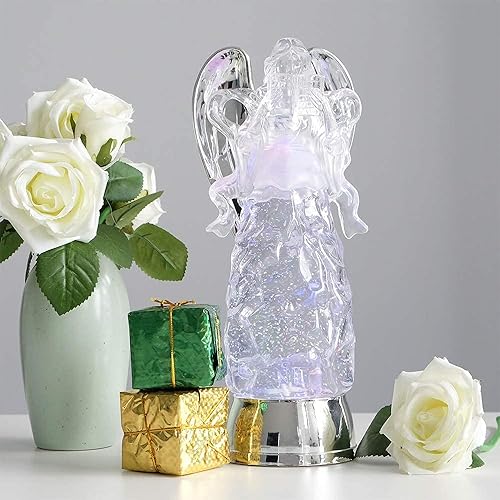 Miniatura 7 de Eldnacele Ángel de globo de nieve, estatua de ángel de cristal brillante de agua iluminada (temporizador), funciona con pilas, brillante