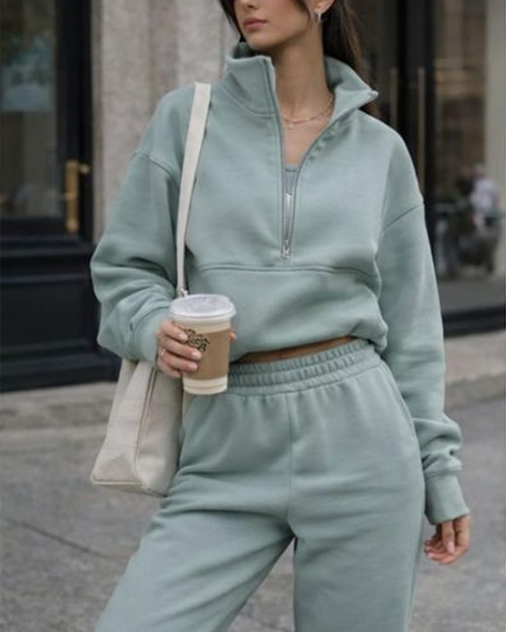 Damskie dwuczęściowe zestawy strojów jednolity kolor bluza z zamkiem do połowy i spodnie joggery pasujący dres Jogger zestaw treningowy