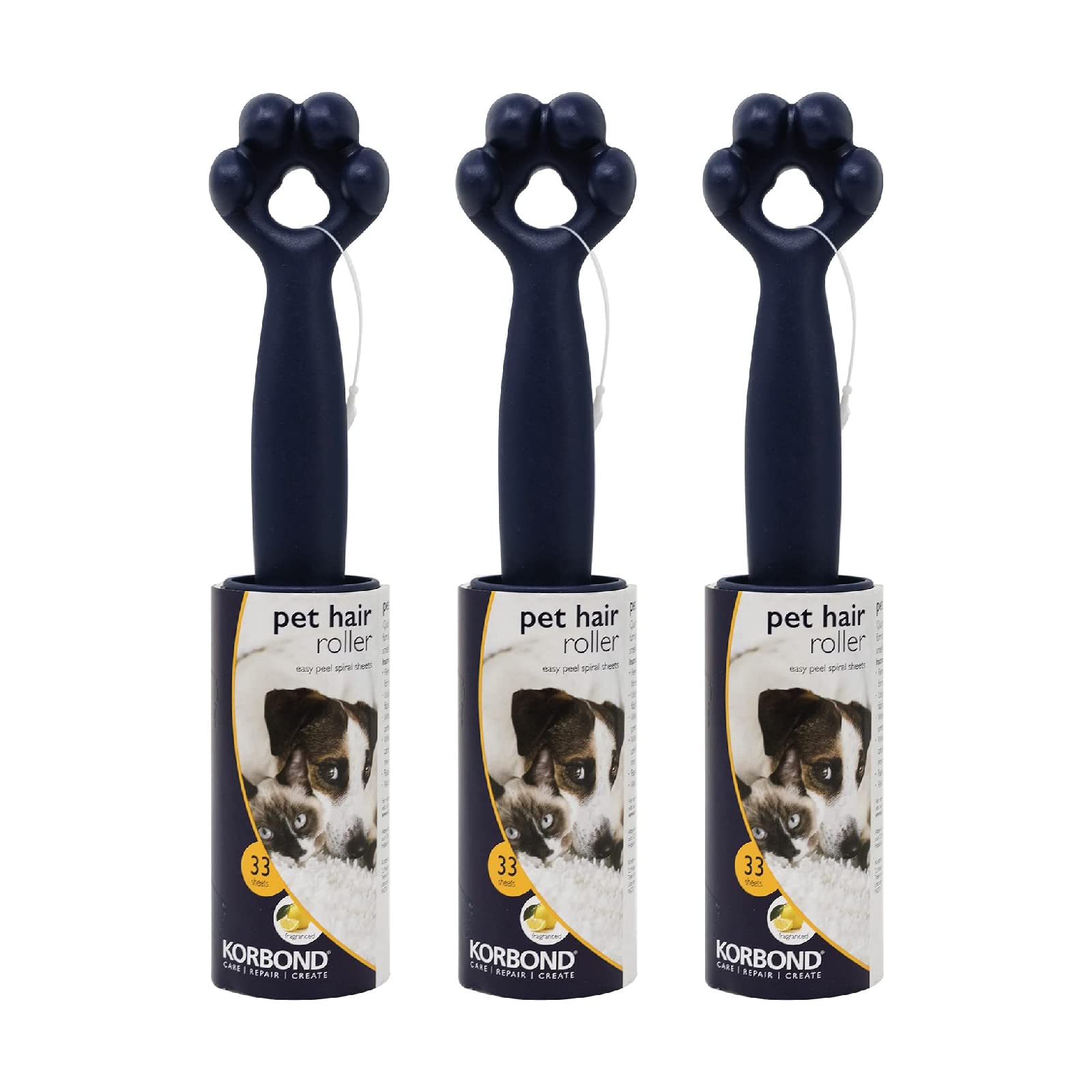 Korbond Pet Lint Roller- Pack of 3-99 Sticky Sheets in Total - Citrus Scented Adhestive Sheets - Suitable for all Fabric Types, Blue