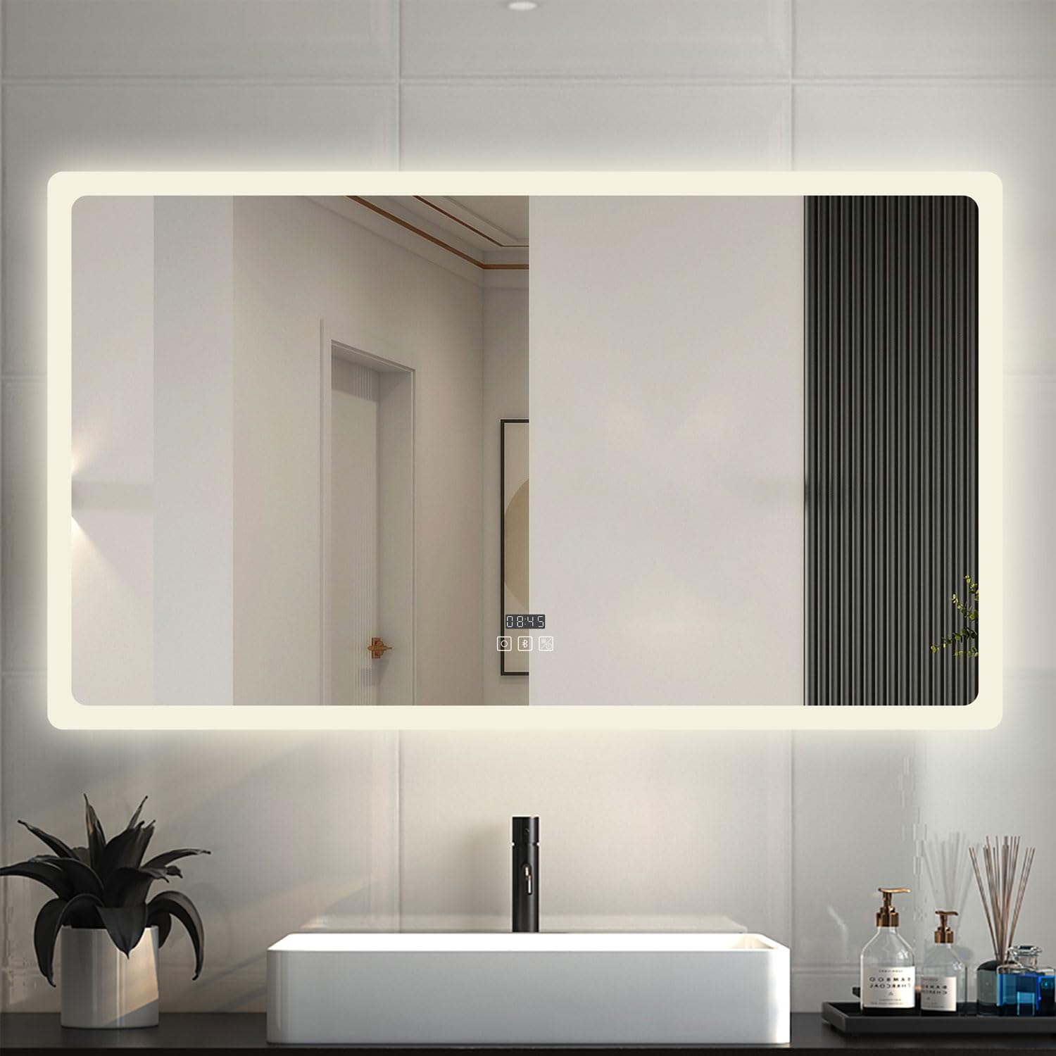 OCEAN ITALY Specchio Da Bagno LED Rettangolare 100×60cm,Controllo Touch/Parete,Luce Esterna 3 Temperature Colore, Dimmerabile e Antiappannamento,Orologio Digitale,Lente D'ingrandimento