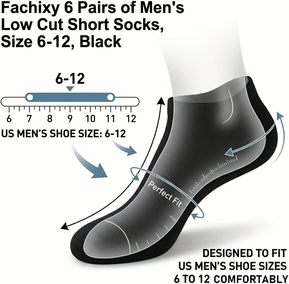 Fachixy 6 Pairs of Men's Low Cut Short Socks, Comfort Cushion Casual Socks, Size 6-12, Black