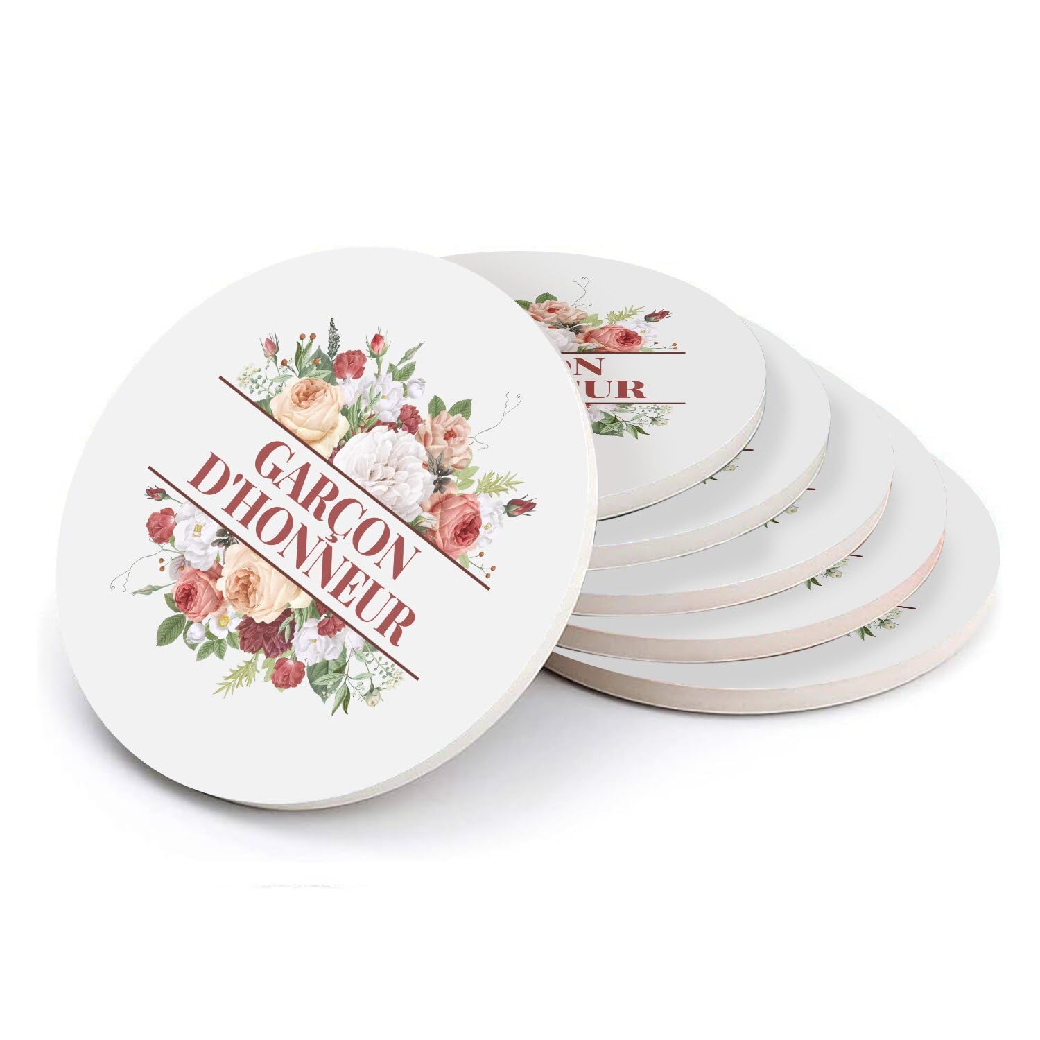 Sous verre ronds en céramique haut de gamme bouquet fleurs mariage lot de 6