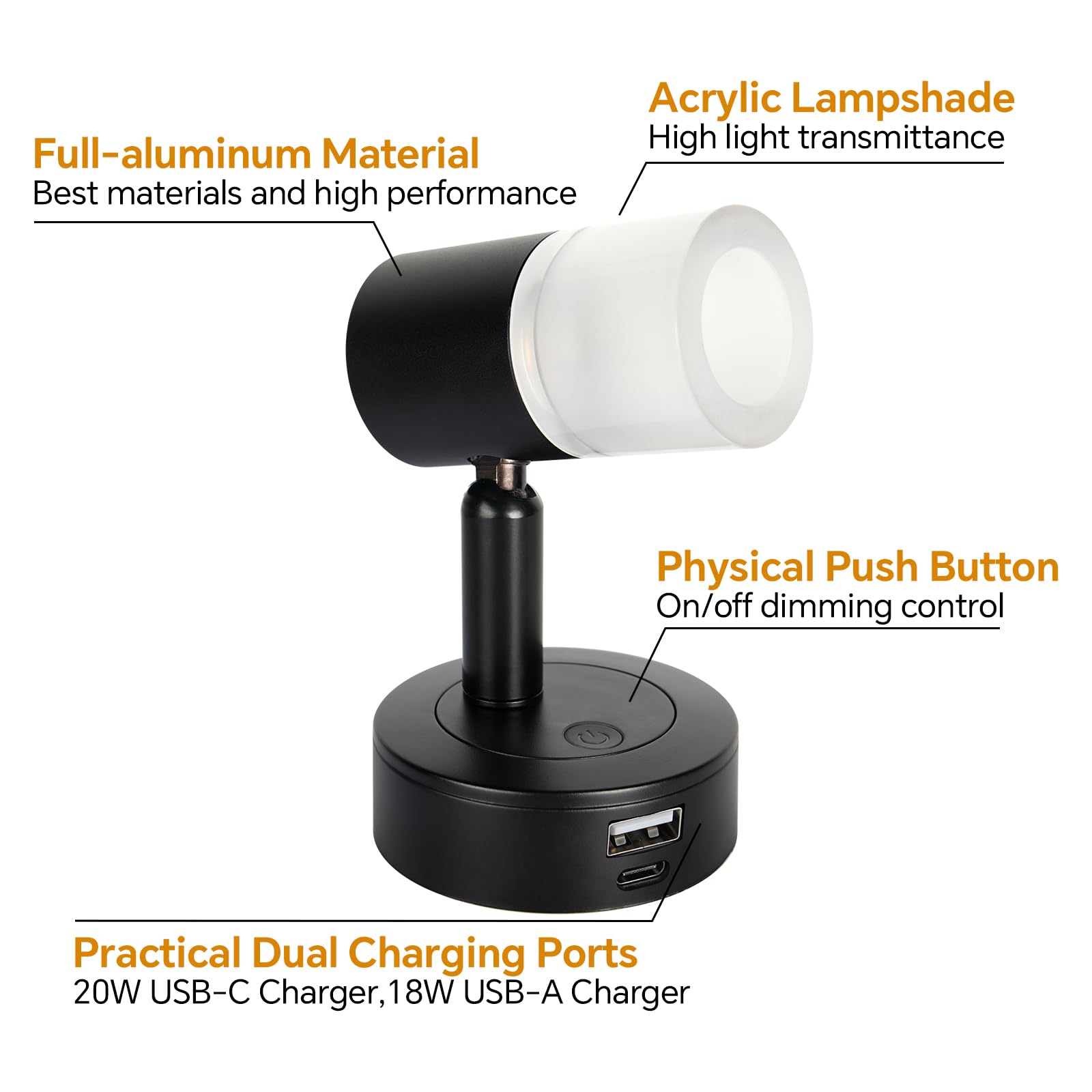 acegoo Luz de Lectura LED 12V Lámpara de Pared Regulable DC12-24V con Cargador USB para Barco Autocaravana Caravana Camper Cabina Camión Iluminación Interior, 3200K/Luz Nocturna Roja Negro