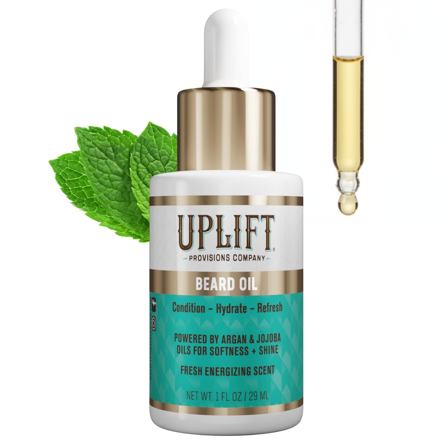 Uplift Provisions Beard Oil for Men – Softens & Hydrates, Reduces Dryness & Itch – Argan, Jojoba & Castor Beard Growth Oil – Lightweight, Non-Greasy, Peppermint & Lime Scent, 1 oz