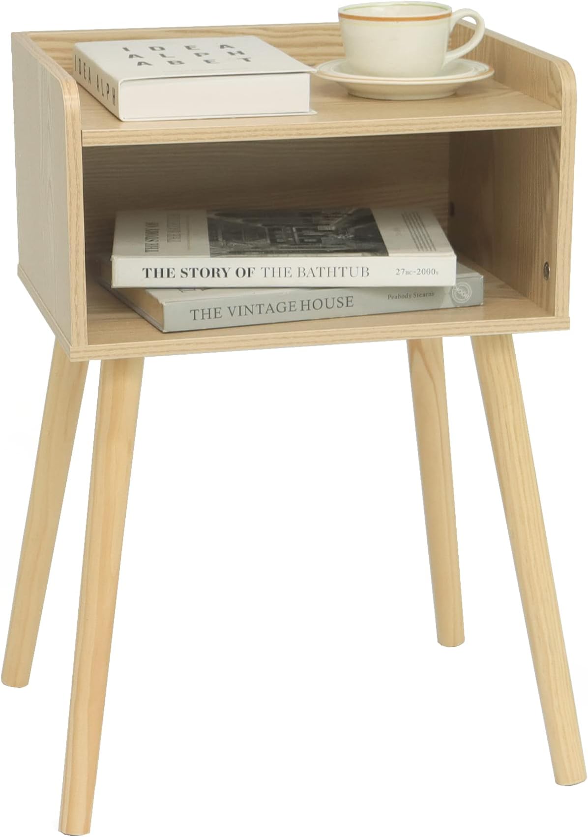 Nightstand, Mid Century Modern Side Table Bedroom with Storage, Small End Bedside Table with Solid Wood Legs for Living Room, Office Small Spaces (Natural)