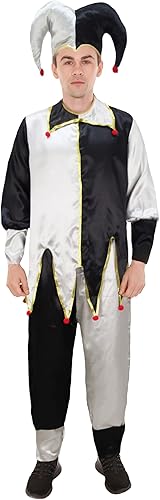 HPO Adult Men Black & White Color Evil Clown Costume, Perfect for Halloween, Flame-retardant Synthetic Fabric