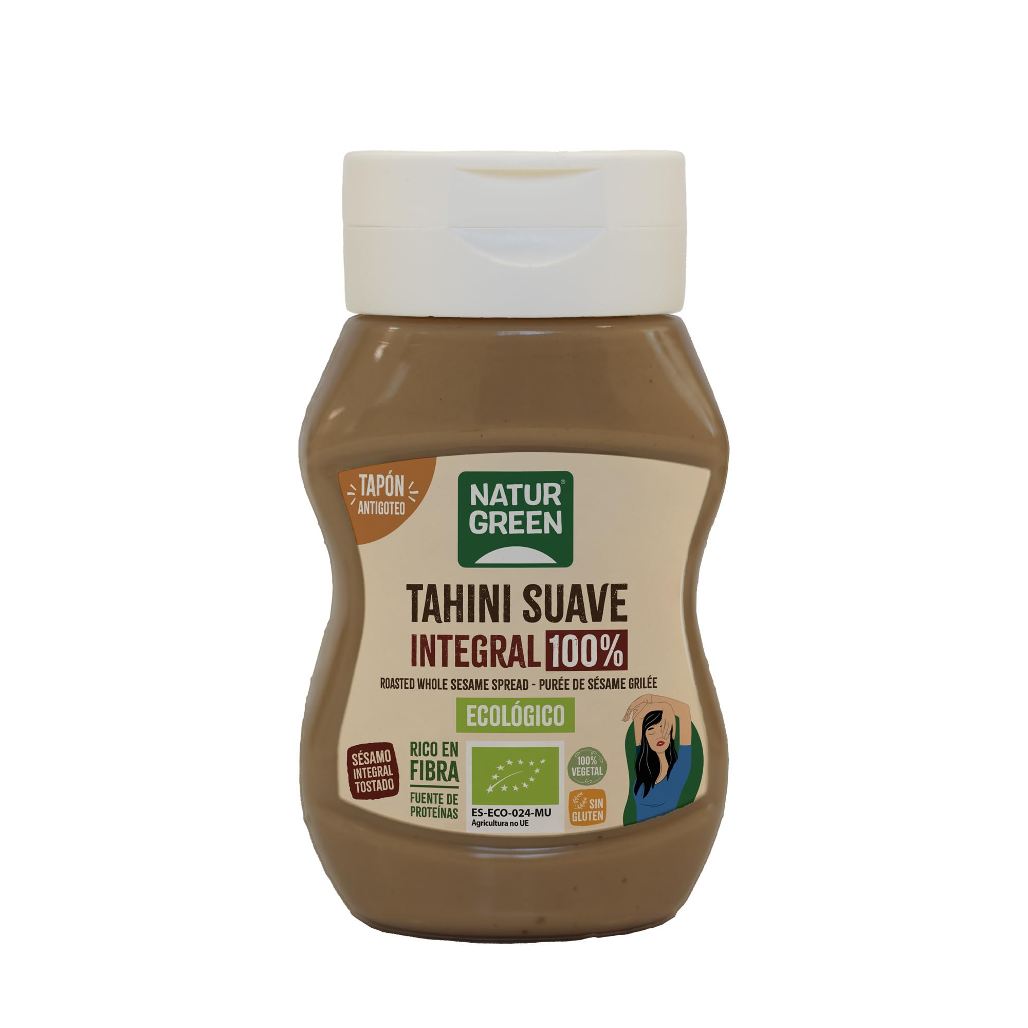 NaturGreen - Tahini Suave Integral Bio, 270 g, Tapón Antigoteo, Puré de Sésamo 100% Ecológico, Textura Cremosa, Rico en Fibra, Sin Gluten ni Azúcares, Fuente de Proteínas, Recetas Saludables
