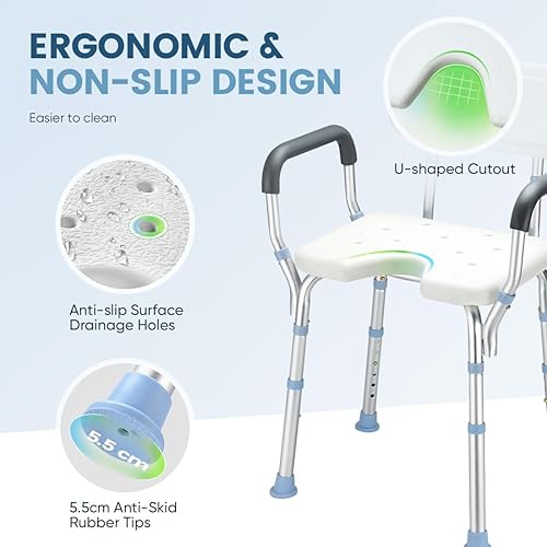 Miniatura 3 de OasisSpace Silla de ducha ajustable con brazos para ducha interior, banco de ducha resistente con asiento recortado de 300 libras, taburete de
