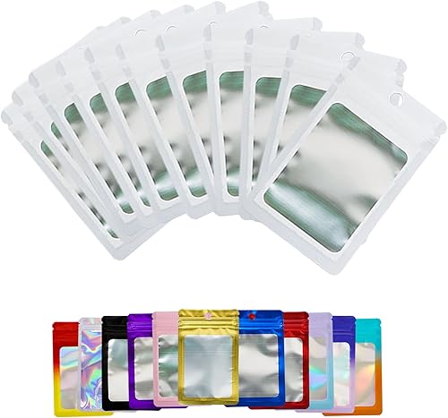 Miniatura 7 de 100 bolsas holográficas de Mylar resellables blancas, bolsas de almacenamiento de alimentos, a prueba de olores, con ventana frontal, bolsa de