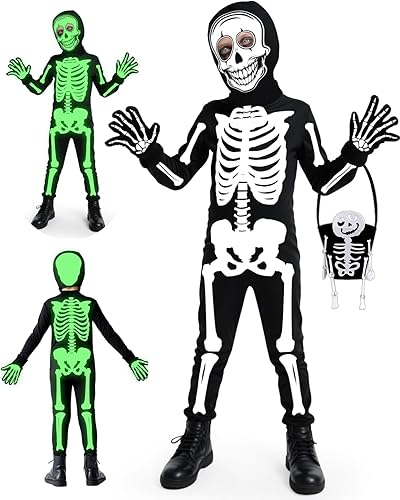 Disfraz de esqueleto de Halloween, overol de huesos que brilla en la oscuridad con máscara y guantes para edades de 3 a 12 años (negro)