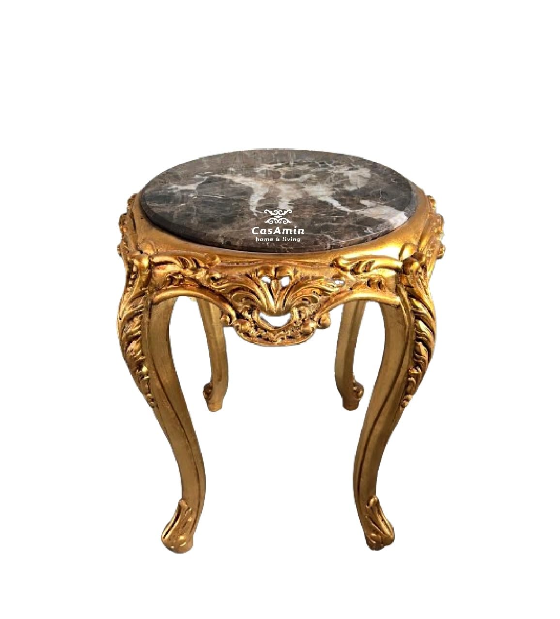 CasAmin Home & Living Tavolino rotondo in stile antico francese con piano in marmo marrone finitura oro per interni