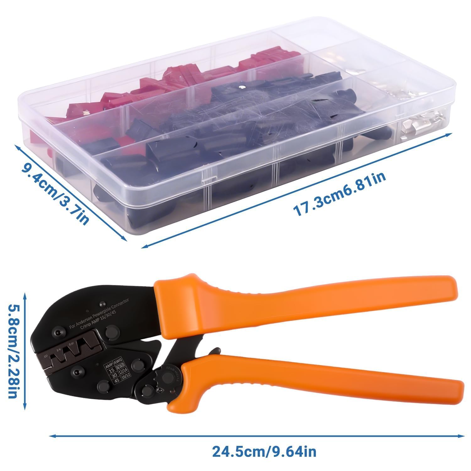 Set di 110 connettori Powerpol con pinza crimpatrice a cricchetto, connettore 15 A, 30 A, 45 A, connettore di contatto AWG10-20, rosso e nero, connettore per batteria