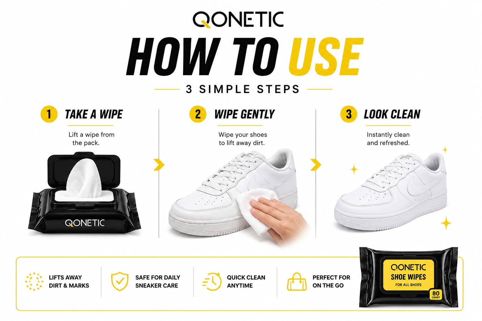 QONETIC Shoe Wipes & Sneaker Cleaner Wipes - 80 Pcs - Travel-Friendly & Disposable Shoe Cleaning Wipes for White Shoes, Leather, Canvas & Sports Footwear - Instant Dirt & Stain Remover 2