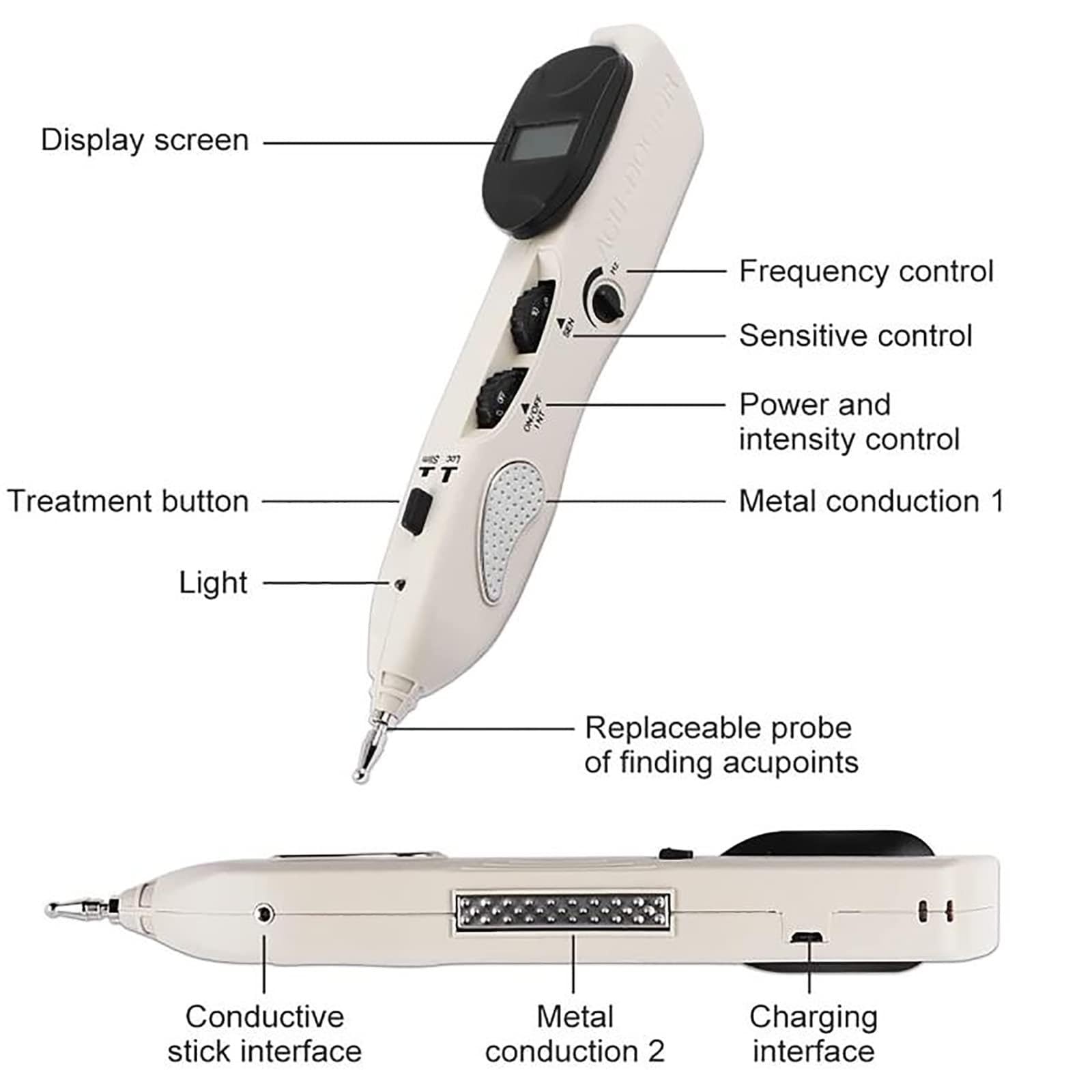 Bolígrafo electrónico de acupuntura, masajeador para aliviar el dolor con 10 intensidades y sensibilidad, detecta automáticamente los puntos de acupuntura, frecuencia de pulso ajustable de 1 a 23 Hz