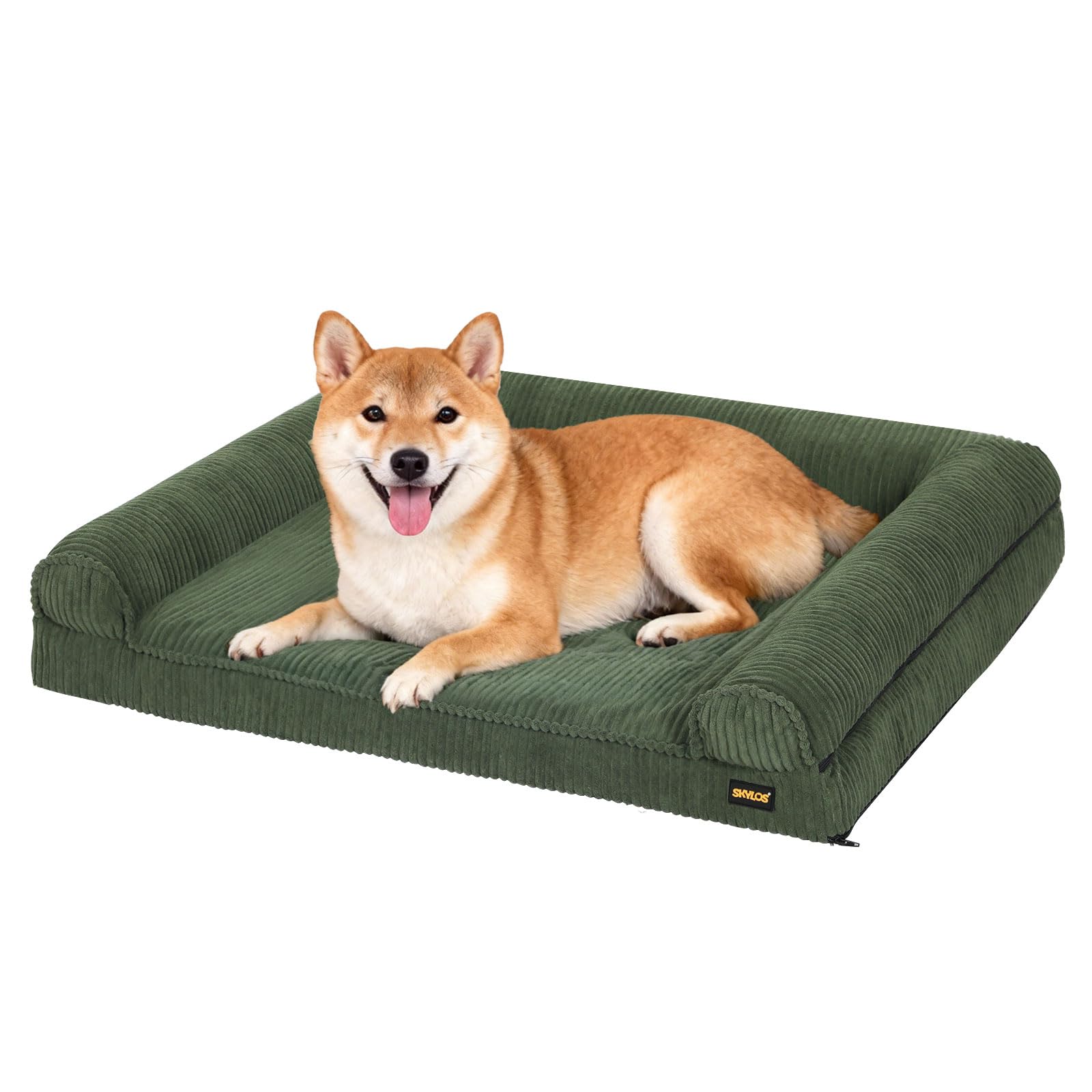 Skylos Corduroy Medium Dog Sofa Bed with Raised Bolsters, Waterproof Lined Pet Couch with Egg Crate Foam Base, Cozy Indoor Dog Bed for Medium Dogs, 93×63×22cm, Green