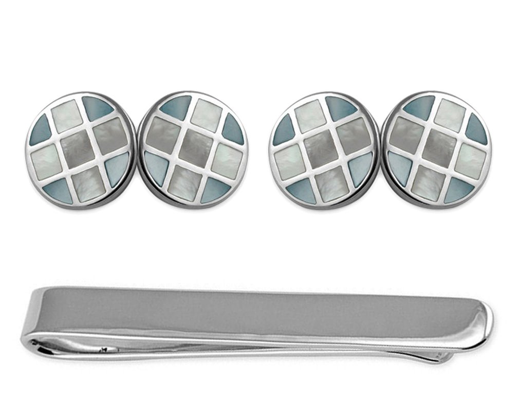 Gemelos y clip de corbata de plata con nácar azul y estuche 5