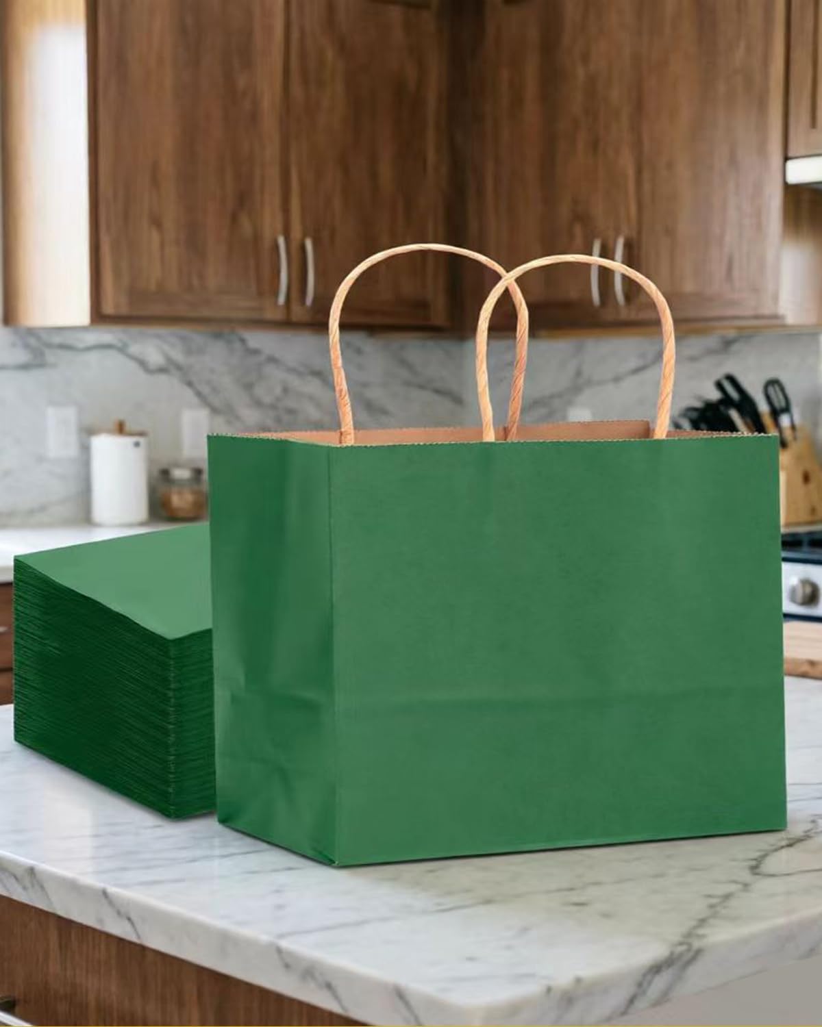 qiqee 100PCS Large Gift Bag with Handles Bulk 13"x4.5"x10" Gift Bags Kraft Deep Green Multiple Uses (32x11x25cm,Wide Large)