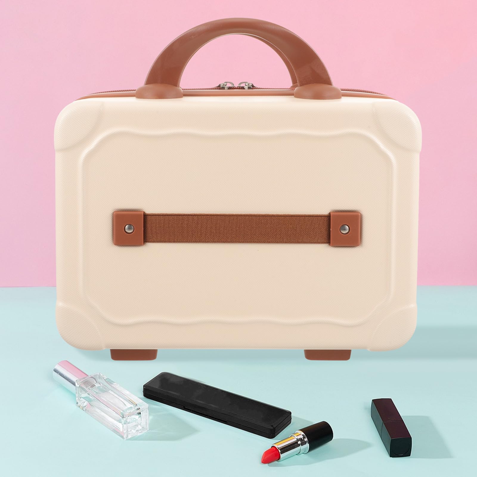 Healvian Beauty Case da Viaggio Donna in Abs Leggero Grande Capacità e Design Elegante, Astuccio Portatrucchi Beige per Viaggi e Conservazione