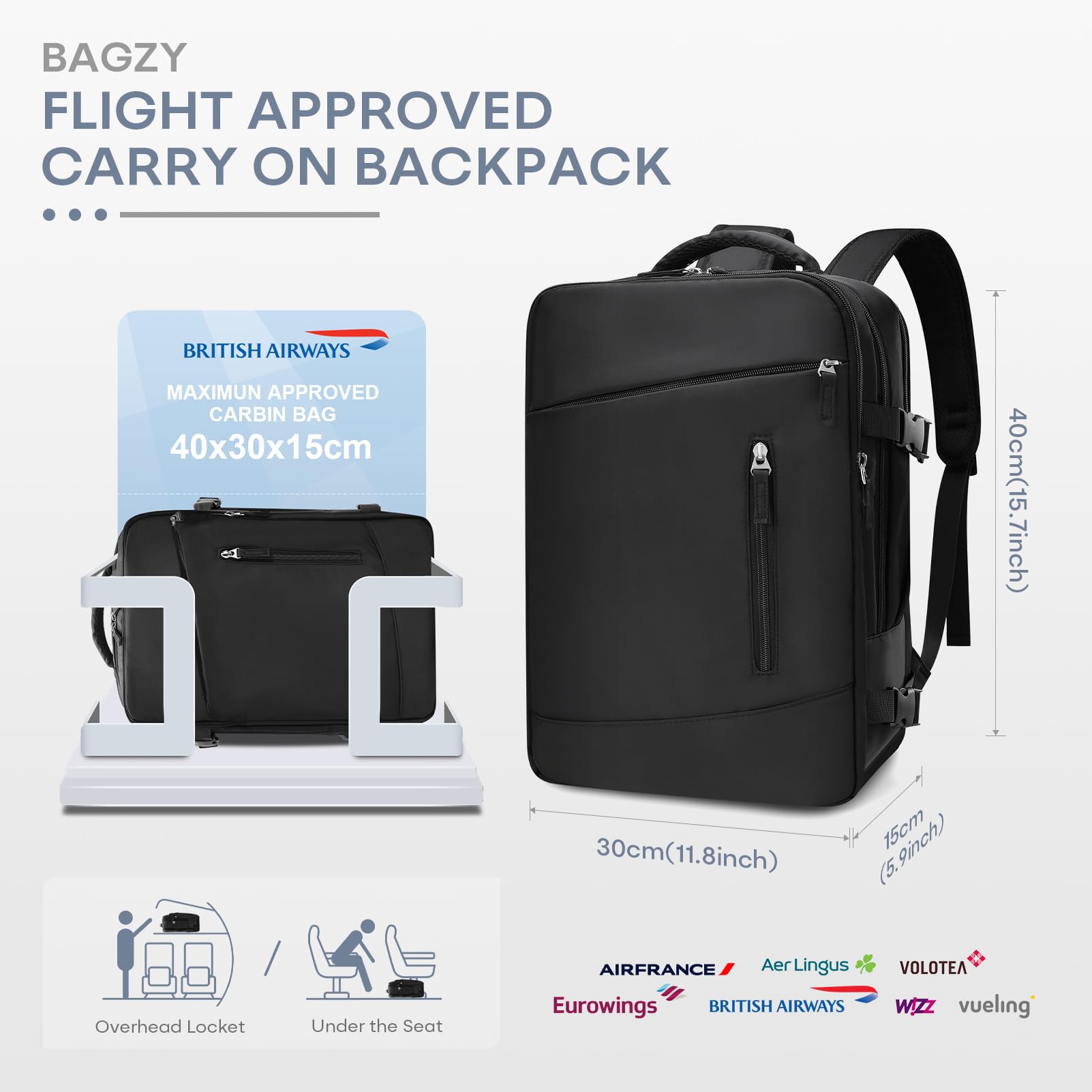 BAGZY 30x40x15cm Handgepäck für British Airways jet2 Air France 20L Reiserucksack Flugzeug 14 Zoll Laptop Rucksack mit USB Ladeanschluss Wasserdicht Carry-ons Hand Luggage für Arbeit Damen Herren
