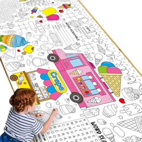 Image of Naozinebi Ice Cream Giant Coloring Poster for Kids Summer Large Coloring Tablecloth Big Paper Sheets Page Sweet Theme Table Cloth DIY Activity Game Art Crafts Mat Wall Home Party Decoration Supplies