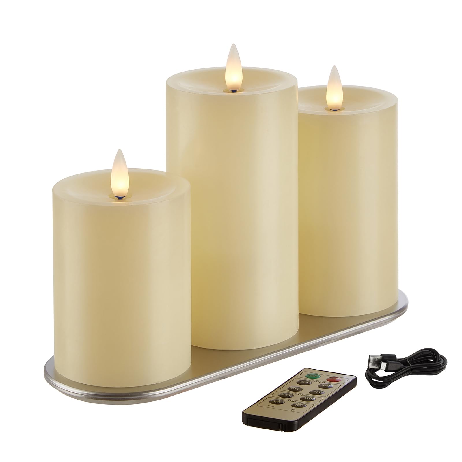 CozierGlow Rechargeable Flameless Pillar Candle with Remote Timer, 3D Moving Flame Real Wax Led Pillar Candles (Includes Remote Control, Charging Base, and USB Cable) (Ivory, 3in)