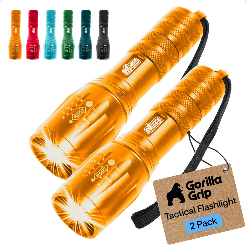 GORILLA GRIP Powerful LED Tactical Flashlight, 2 Pack, Gold