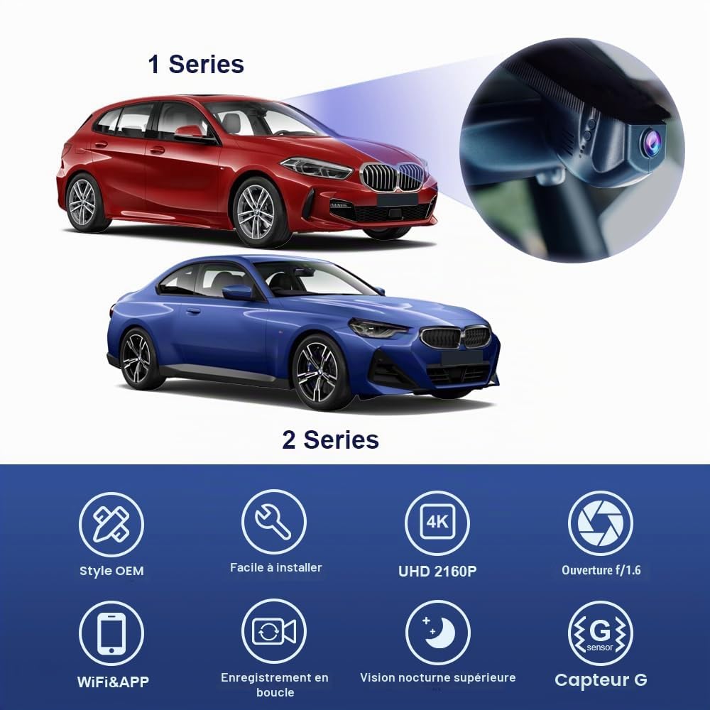 Fitcamx Dashcam 4K Compatible avec BMW 1 Series (F40 F20 F21)& 2 Series (G42 F22 F23)(HD2-6014), Caméra de Voiture OEM 2160P Video WiFi, G-Senseur, Enregistrement en Boucle, WDR, Plug&Play,Carte 64 Go