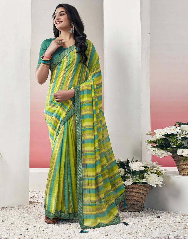 Image of SIRIL Women's Lace & Printed Chiffon Saree with Blouse