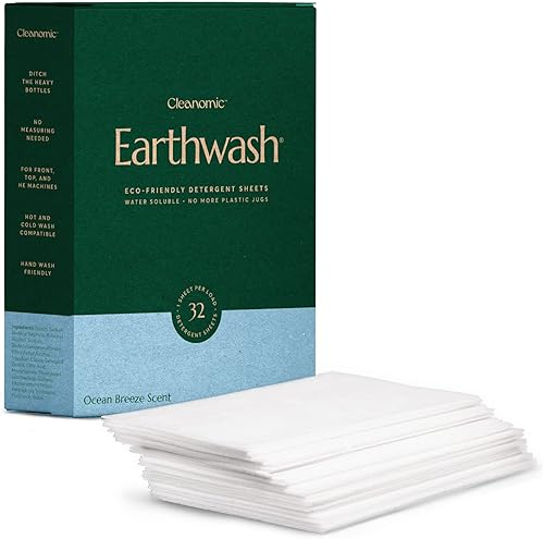 Earthwash Cleanomic - Hojas de detergente para ropa Ocean Breeze - 32 hojas hasta 64 cargas tiras de detergente hipoalergénicas ideal para viajes