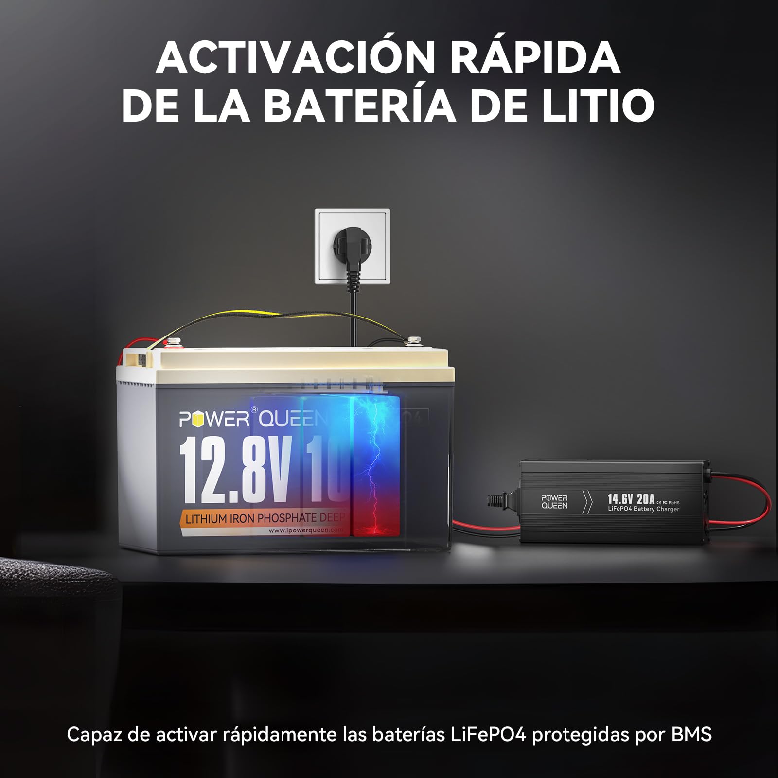 POWER QUEEN Cargador LiFePO4 14.6V 20A para Baterías de Litio | Carga Automática de 20A para LiFePO4 de 12V,con Conector Anderson de 50A e Indicador LED para Ver el Estado de Carga