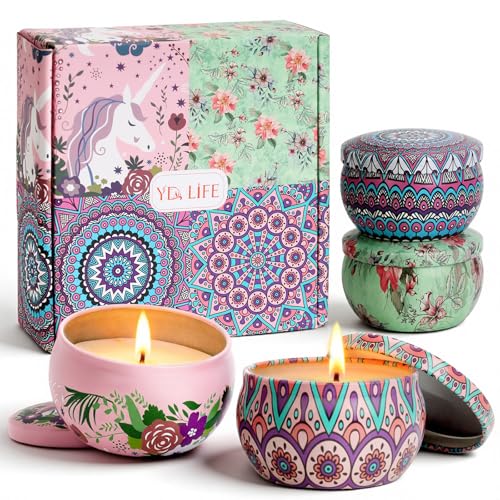 YD LIFE Duftkerzen-Geschenkset 4 Stück mit Metall-Dosen, Natürlichem Sojawachs, Baumwolldocht für rußfreie Verbrennung, 10% ätherische Duftöle, Geschenk für Partys, Hochzeiten, Geburtstage