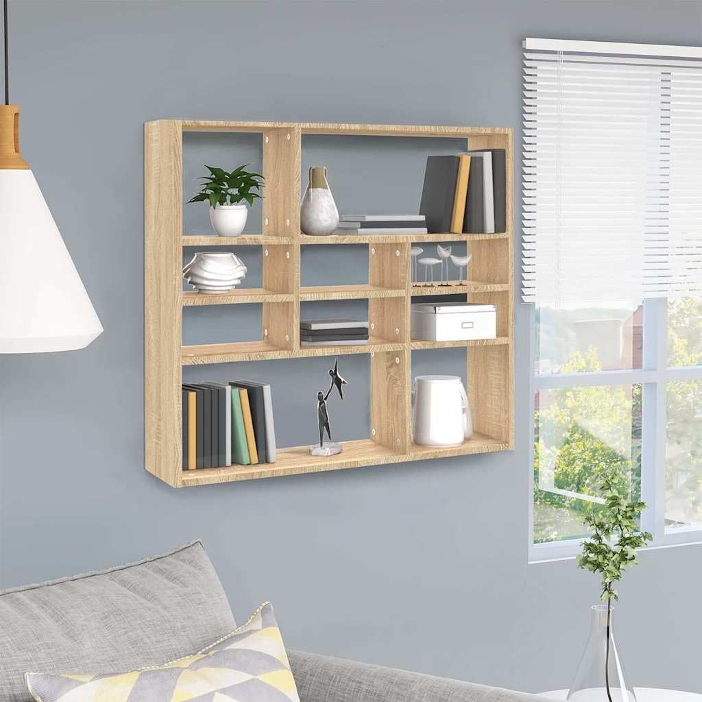 Estantería de pared de roble Sonoma, material de madera, 90 x 16 x 78 cm, con 10 compartimentos abiertos, ahorra espacio como almacenamiento y decoración para salón, dormitorio, cocina, oficina